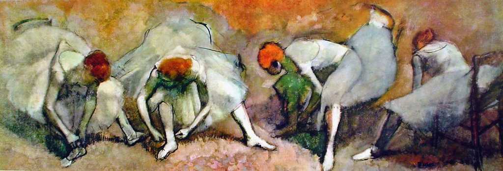 KerrisdaleGallery.com - Stock ID#DE102ph - Dancers Adjusting Their Slippers by Edgar Degas - vintage offset lithograph fine art print reproduction - Published by Shorewood NYC, U.S.A.