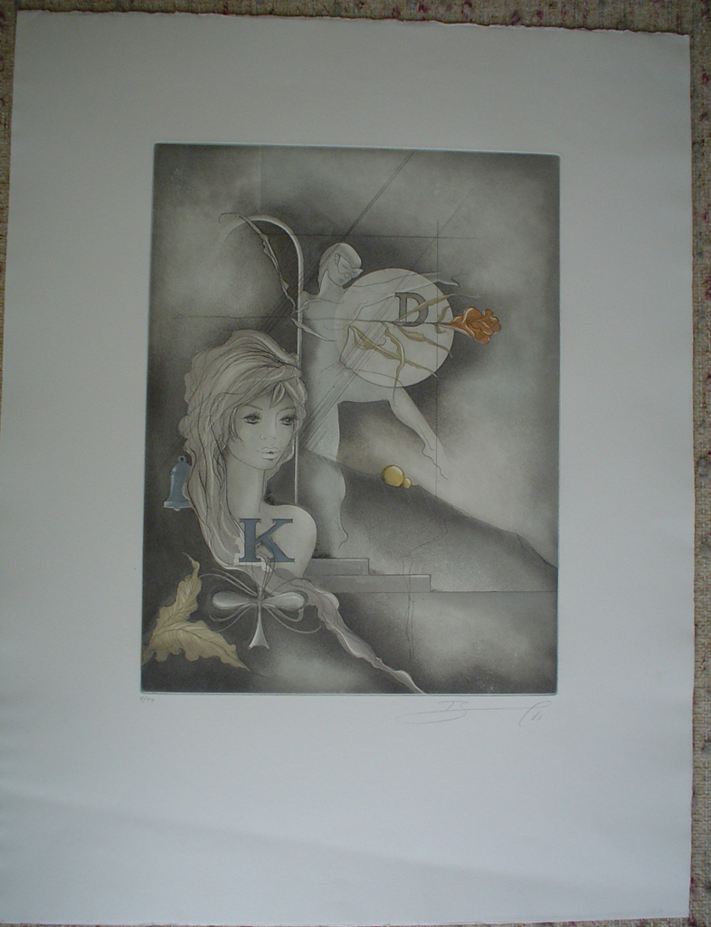 Dreamscape Woman Masked Dancer Rose by Ruediger Brassel, shown with full margins - original etching, signed and numbered 4/ 99
