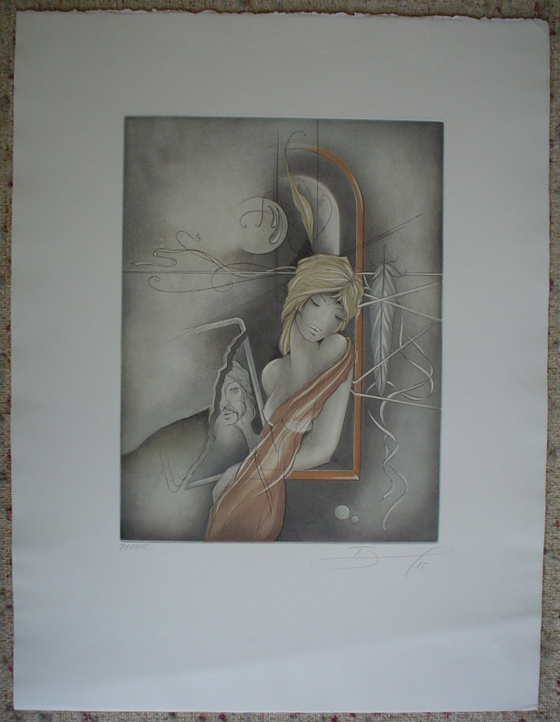 Dreamscape Man Woman Feather by Ruediger Brassel, shown with full margins - original etching, signed and numbered "Muster"(Sample)