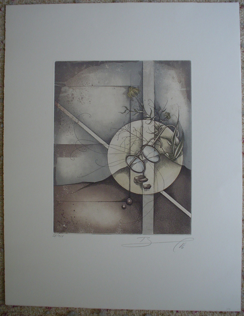 Eyeglasses 1986 by Ruediger Brassel, shown with full margins - original etching, signed and numbered 38/ 150