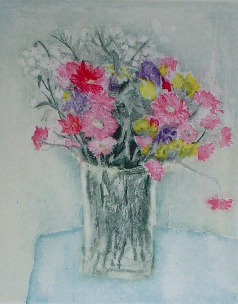 Pink Daisies In A Clear Vase by Barzano - original etching, signed and numbered 86/ 150