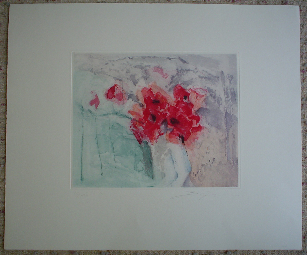 Red Flowers by Barzano, shown with full margins - original etching, signed and numbered 36/ 150