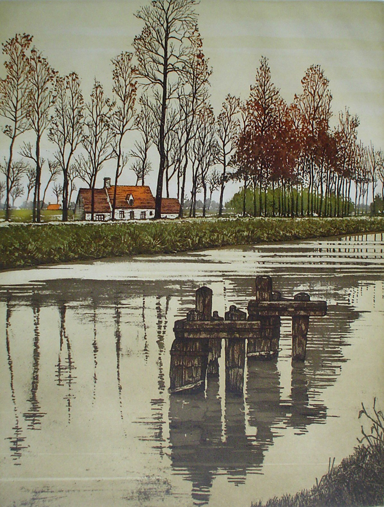 Canal En Automne by Francis Hebbelinck - original etching, signed and numbered 32/ 350