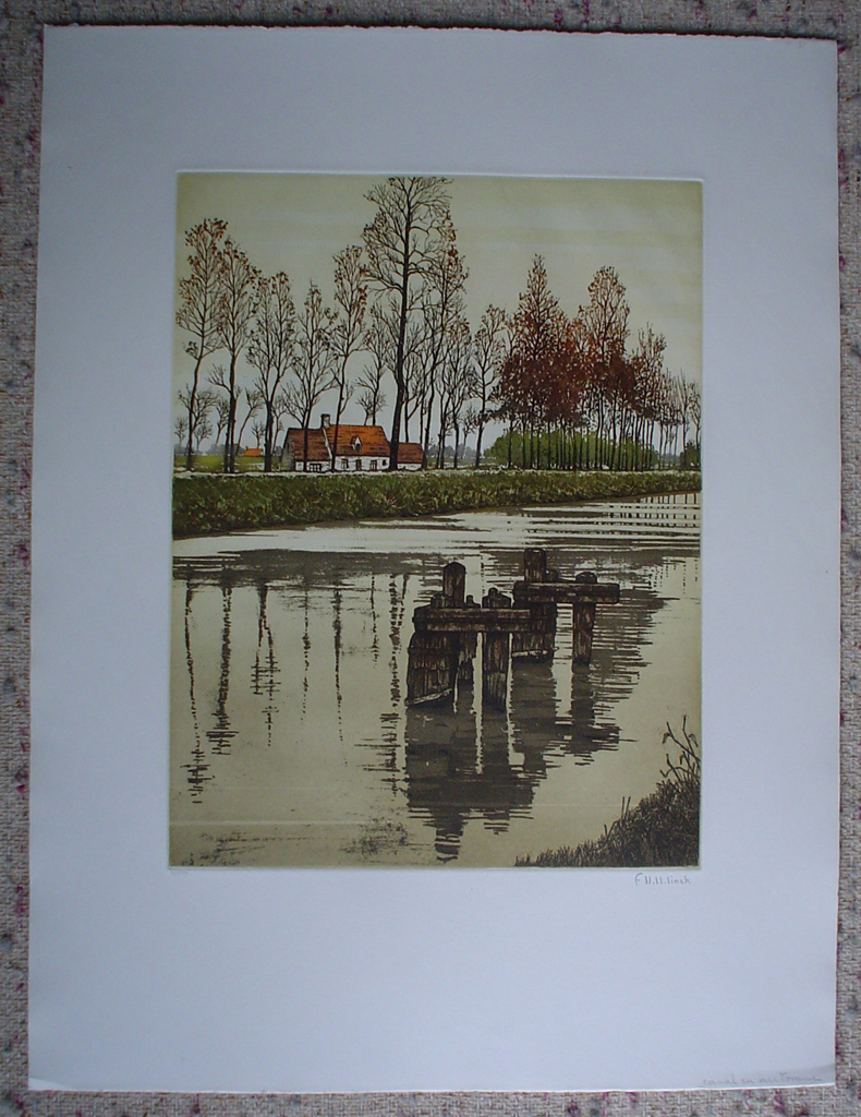 Canal En Automne by Francis Hebbelinck, shown with full margins  - original etching, signed and numbered 32/ 350