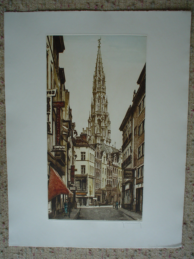 Brussels Rue Des Pierres by Roger Hebbelinck, shown with full margins - original etching, signed and numbered 15/ 150