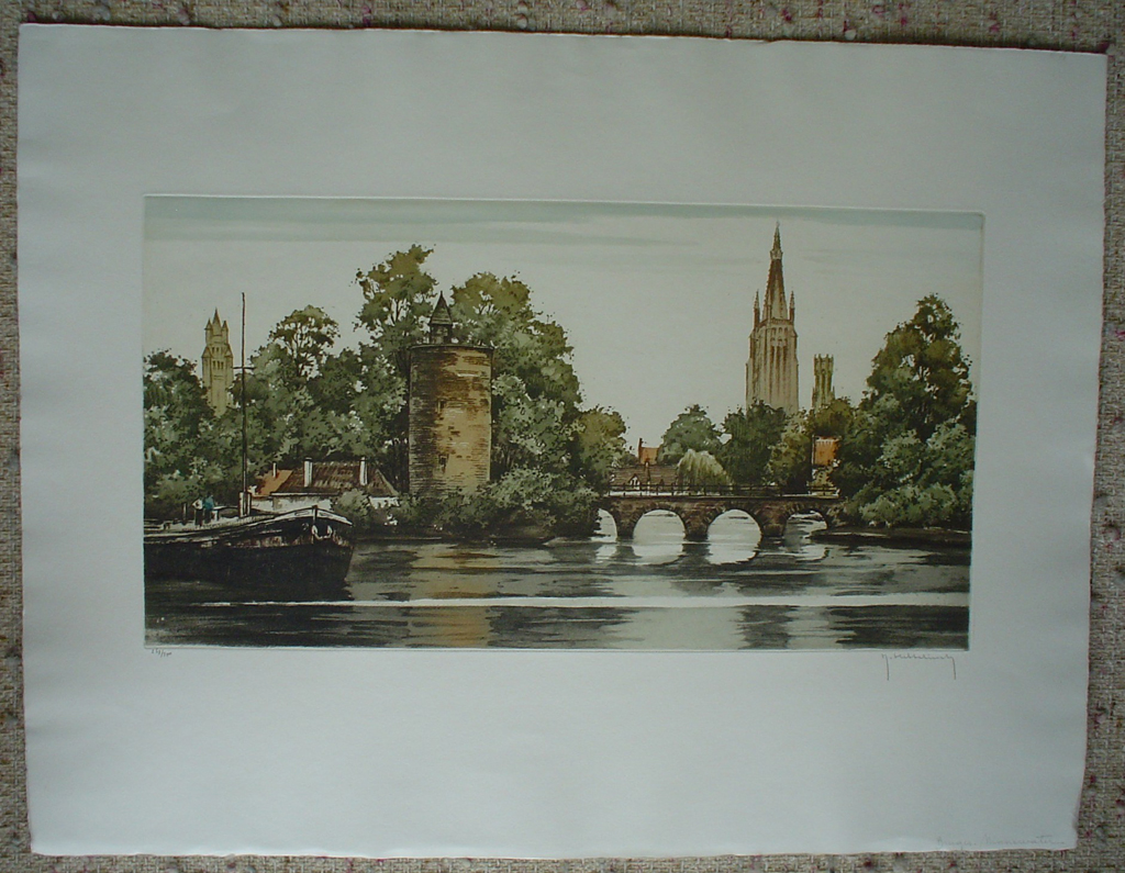 Bruges Minnewater by Roger Hebbelinck, shown with full margins - original etching, signed and numbered 263/ 350