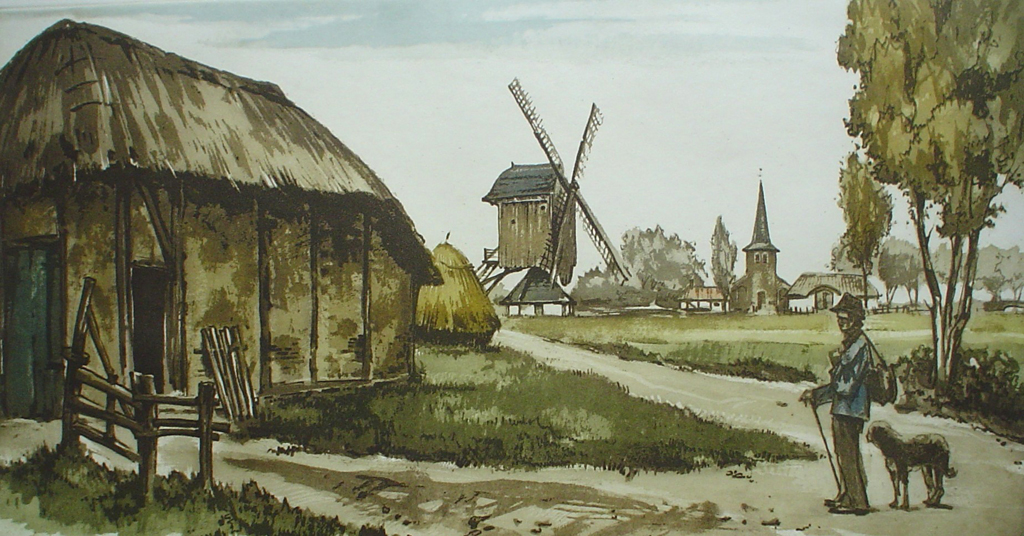 La Rentree Au Village by Roger Hebbelinck - original etching, signed and numbered 265/ 350