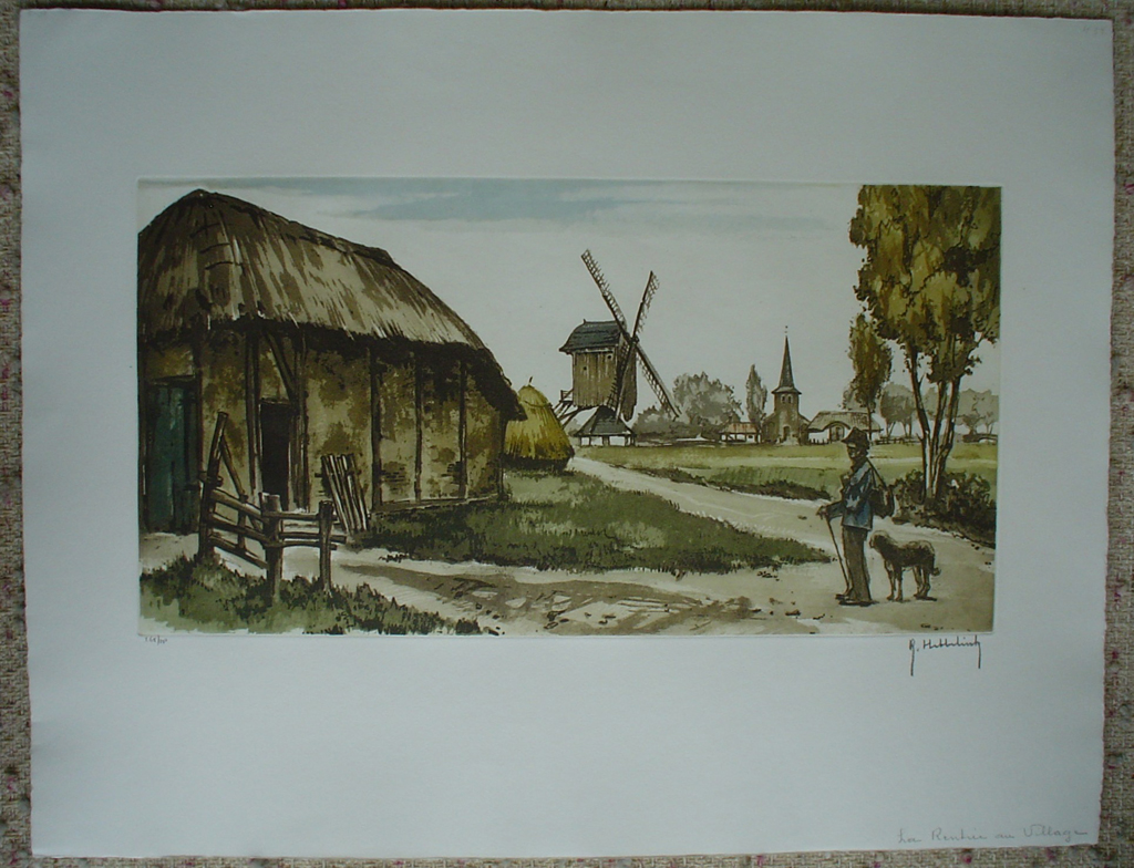 La Rentree Au Village by Roger Hebbelinck, shown with full margins - original etching, signed and numbered 265/ 350
