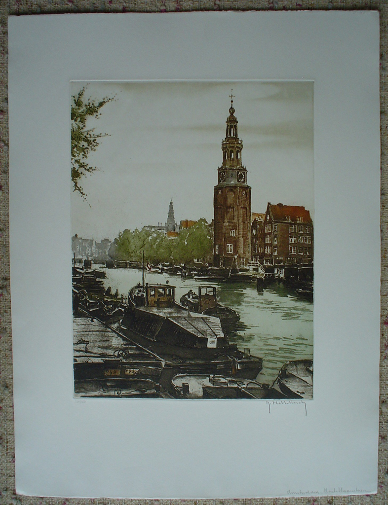 Amsterdam Montelbaanstoren by Roger Hebbelinck, shown with full margins  - original etching, signed and numbered 137/ 350