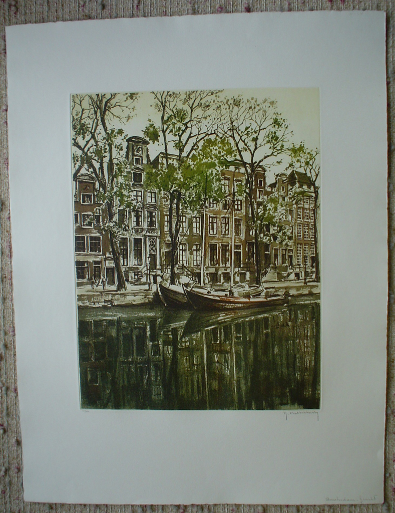 Amsterdam Gracht by Roger Hebbelinck, shown with full margins - original etching, signed and numbered 45/ 350