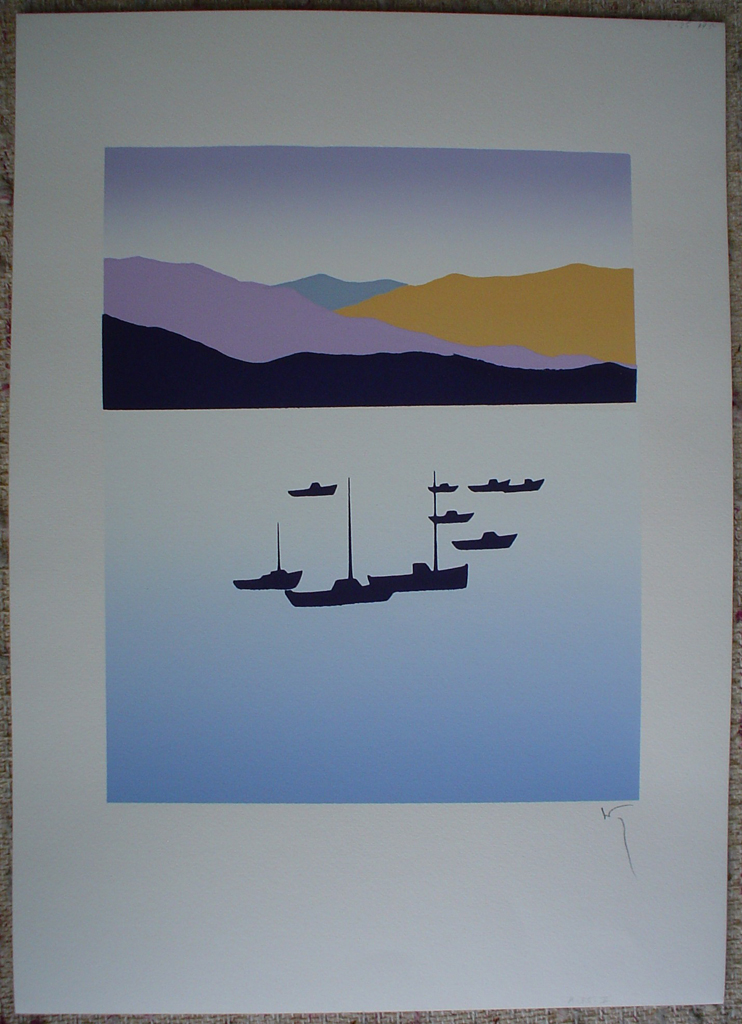 Ships Mountains Harbour by Key, shown with full margins - original silkscreen, hand-signed in pencil by artist