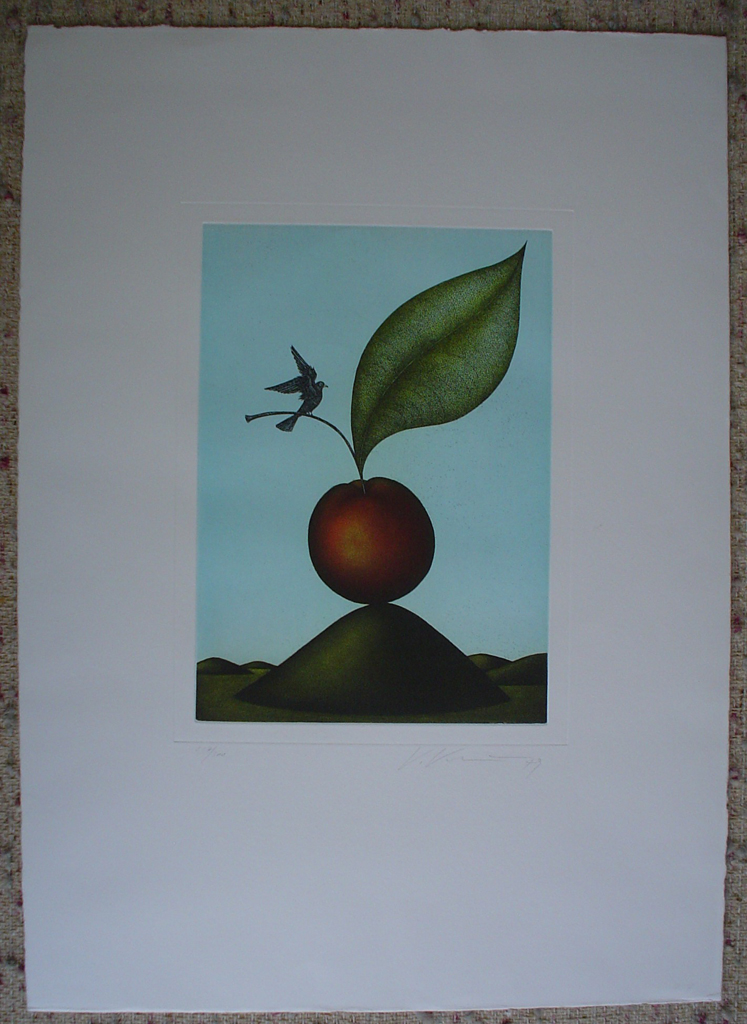 Cherry Bird by Volker Kuehn, shown with full margins - original etching, signed and numbered 227/ 300