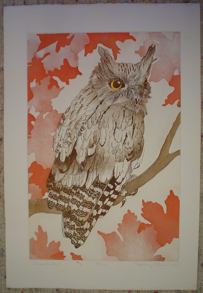Screech Owl by Nancy Leslie, shown with full margins - original etching, signed and numbered 22/ 150