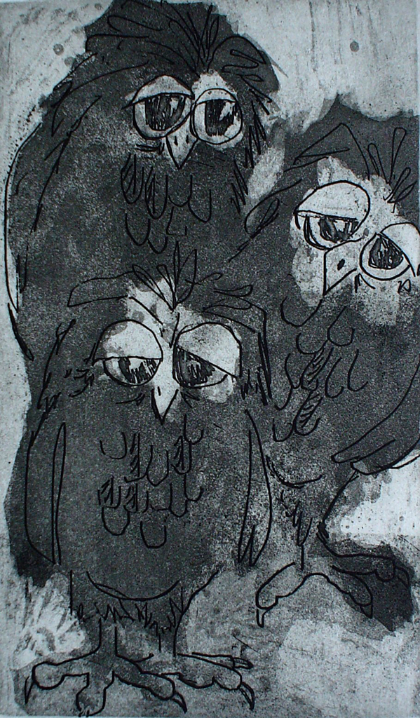 Siblings, 3 Owls by Nancy Leslie - original etching, signed and numbered 38/ 200