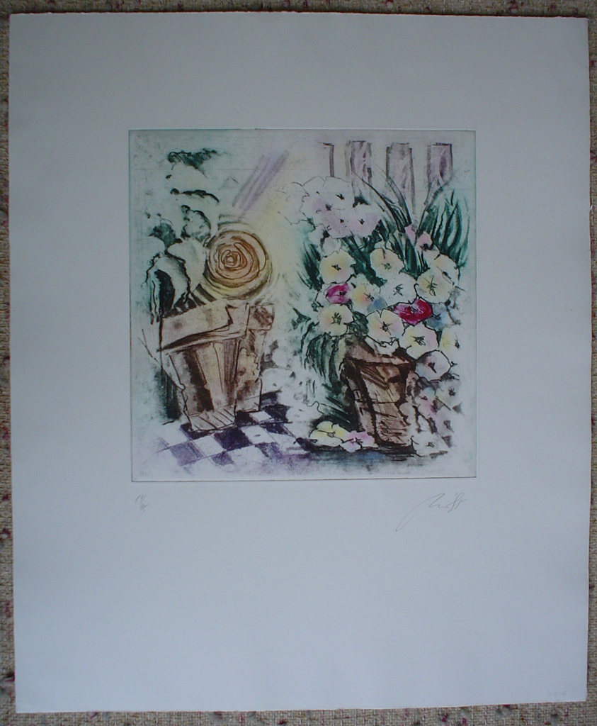 Flowers In Baskets by JP Moro, shown with full margins - original etching, signed and numbered 14/ 295