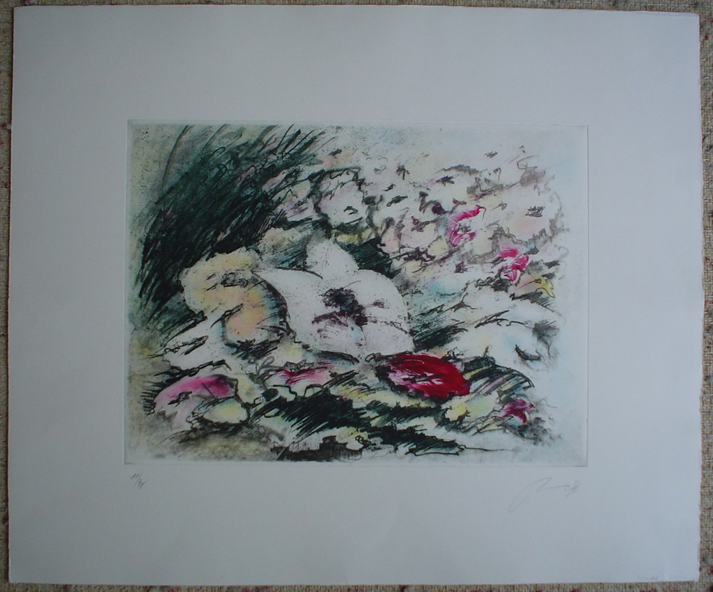White Flower by JP Moro, shown with full margins - original etching, signed and numbered 18/ 150