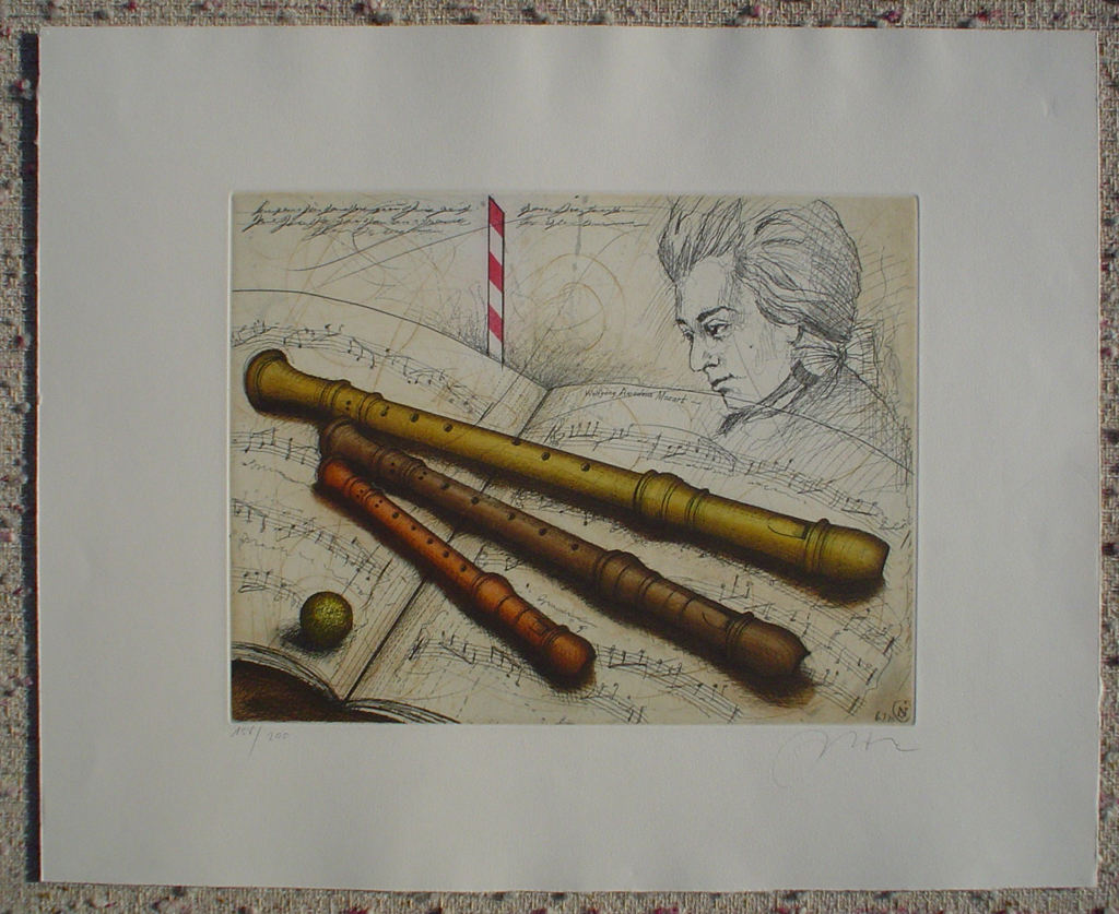 Wolfgang Amadeus Mozart by Udo Nolte, shown with full margins - original etching, signed and numbered 158/ 200