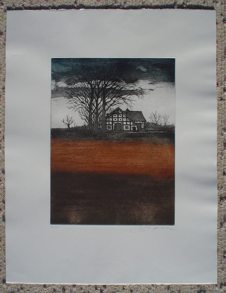 Farmhouse Under Trees by Udo Nolte, shown with full margins - original etching, signed and numbered e.a. (artist proof)