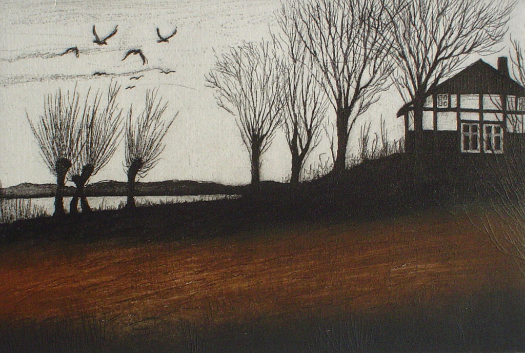 Birds Trees Farm House by Udo Nolte - original etching, signed and numbered 130/ 150