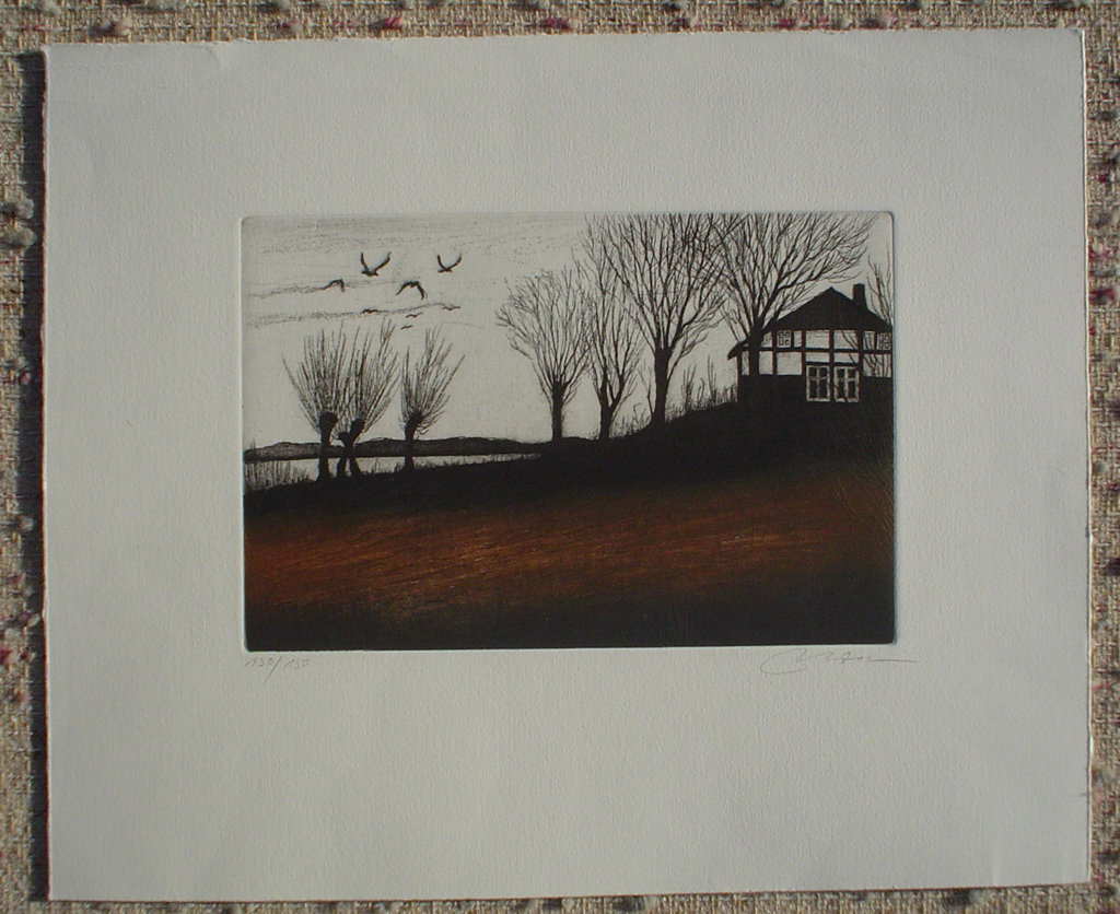 Birds Trees Farm House by Udo Nolte, shown with full margins - original etching, signed and numbered 130/ 150