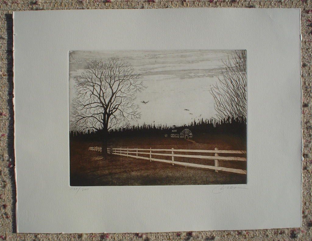 Farmhouse Fence by Udo Nolte, shown with full margins - original etching, signed and numbered 130/ 200