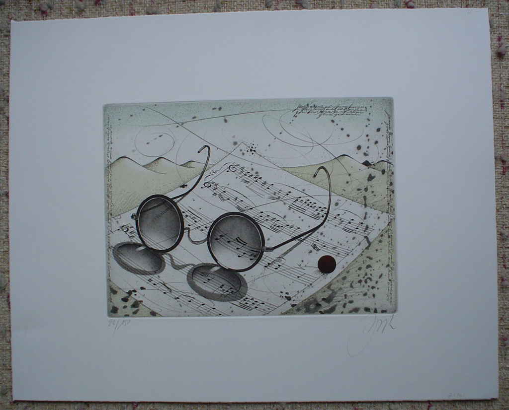 Eyeglasses And Music by Udo Nolte, shown with full margins - original etching, signed and numbered 22/ 150
