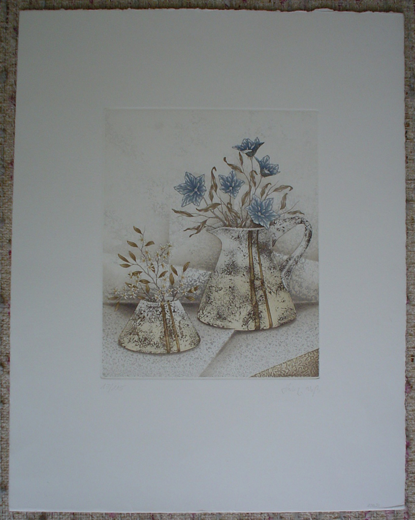 Blue Flowers With Brown by Heinz Voss, shown with full margins - original etching, signed and numbered 17/ 115