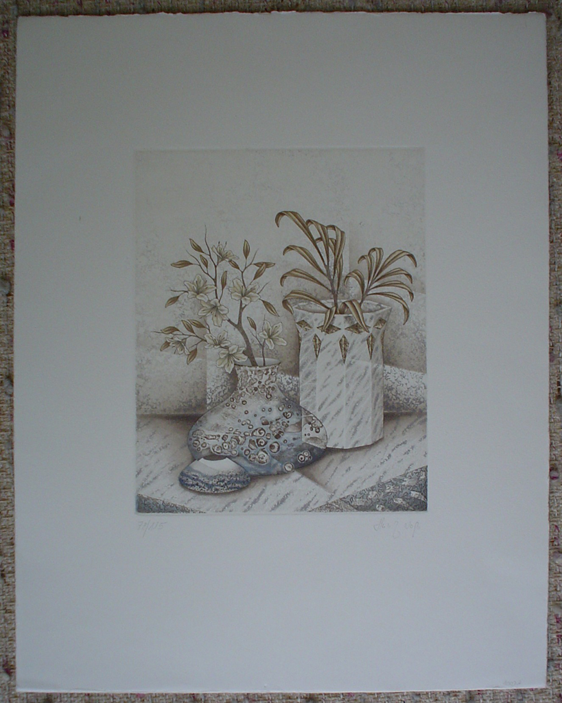Brown Flowers With Blue by Heinz Voss, shown with full margins, original etching, signed and numbered 78/ 115