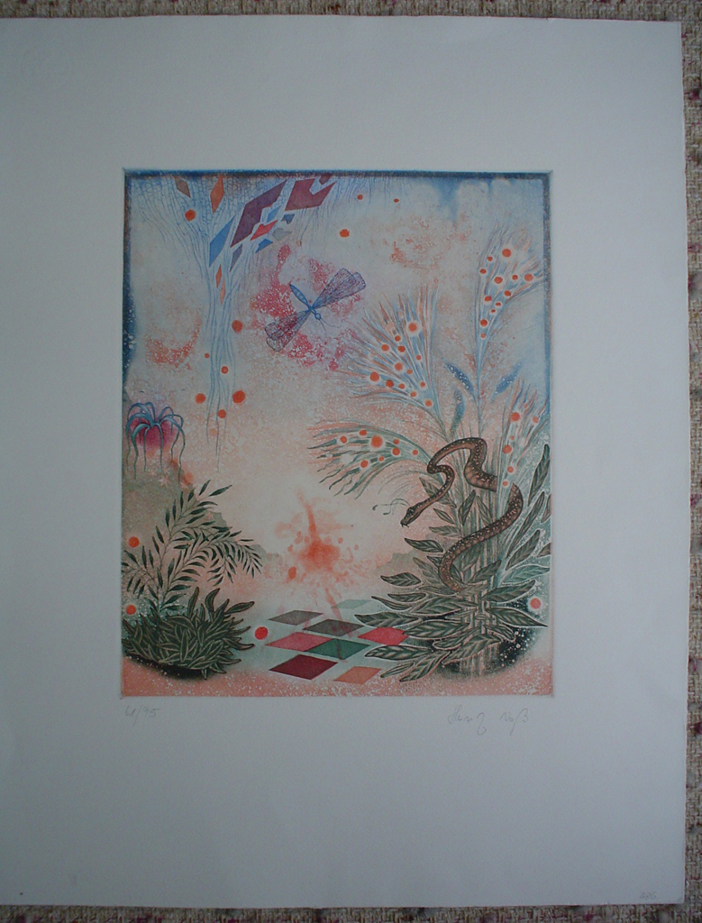 Dragonfly Garden by Heinz Voss, shown with full margins, original etching, signed and numbered 61/ 95