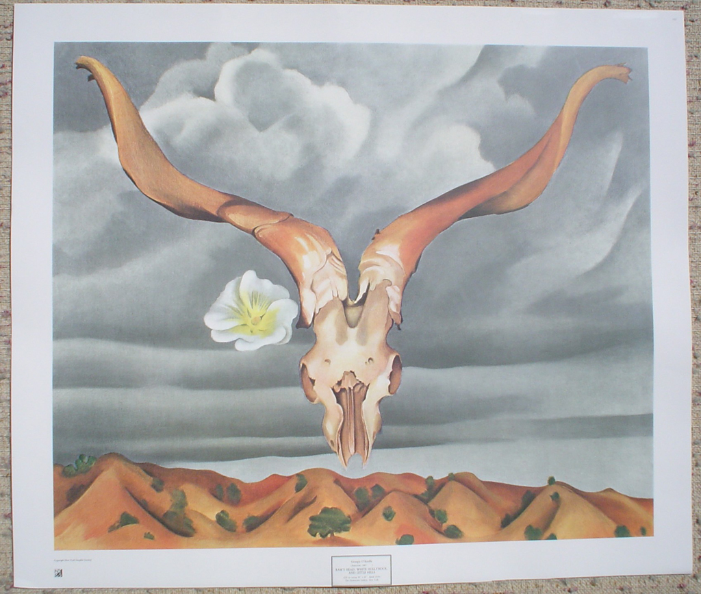 Ram's Head White Hollyhock And Little Hills by Georgia O'Keeffe, shown with full margins - offset lithograph fine art print