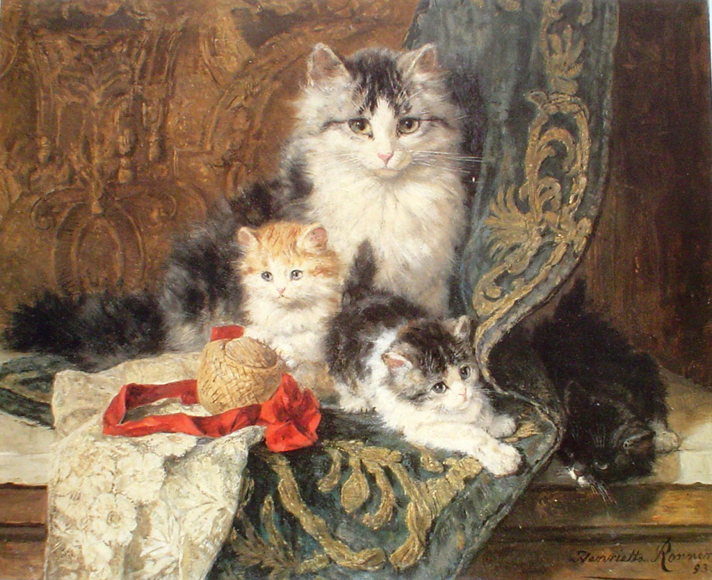 A Cat With Her Three Kittens by Henriette Ronner-Knip - offset lithograph fine art print
