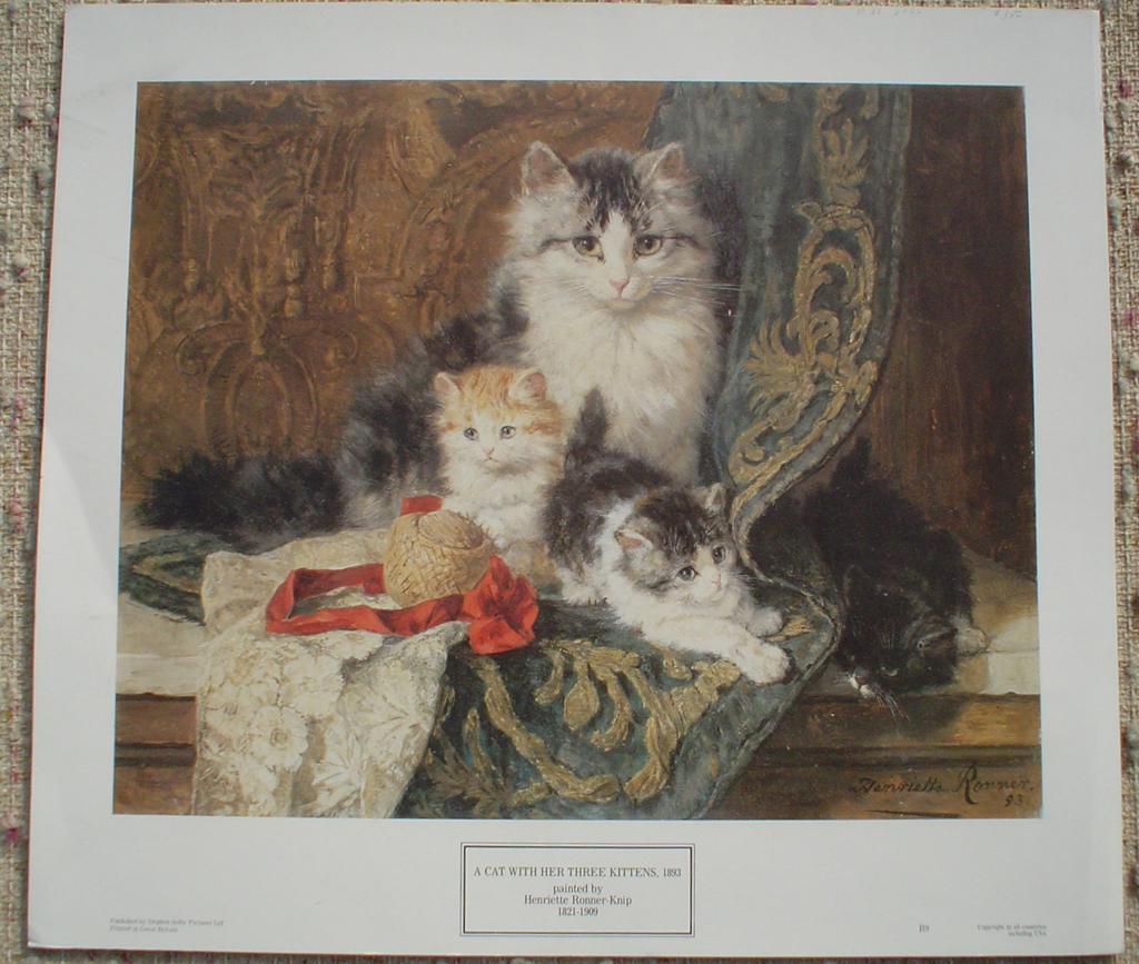 A Cat With Her Three Kittens by Henriette Ronner-Knip, shown with full margins - offset lithograph fine art print