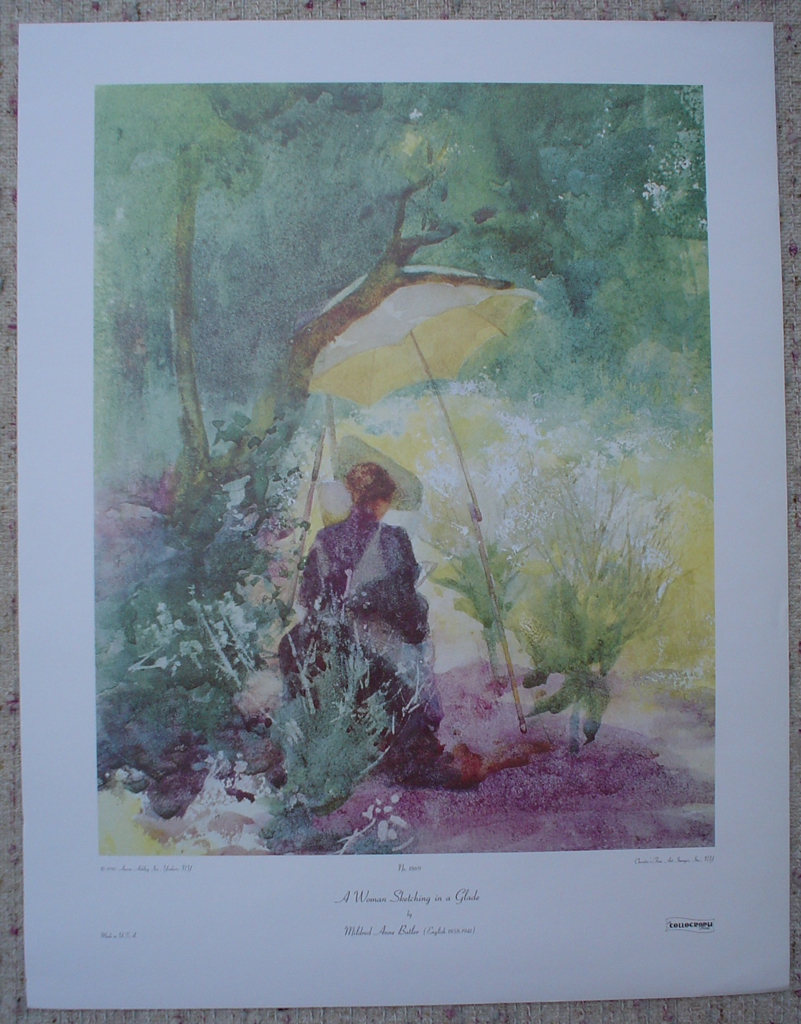 A Woman Sketching In A Glade by Mildred Anne Butler, shown with full margins - offset lithograph fine art print