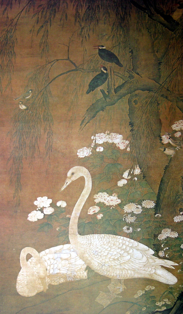 Flowers And Birds In Autumn/ White Swans by unknown Chinese 15th C artist - offset lithograph fine art print