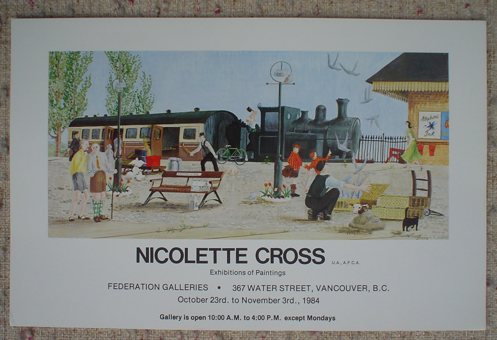 Train Station, by Nicolette Cross, 1984 Exhibition, Federation Galleries, Water Street, Vancouver, shown with full margins - offset lithograph fine art poster print