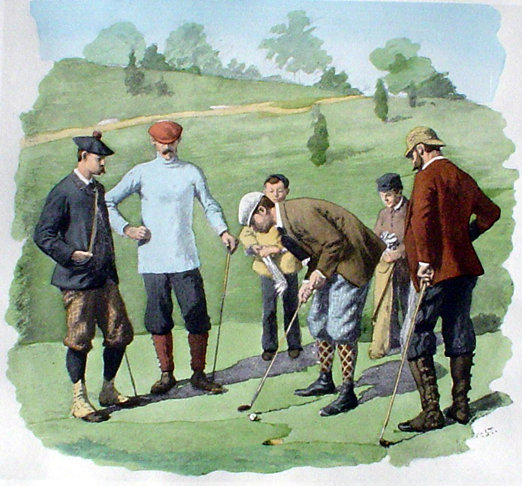 Spring Golfing Scene: Leg Wrappings by A.B. (Arthur Burdett) Frost - offset lithograph fine art print