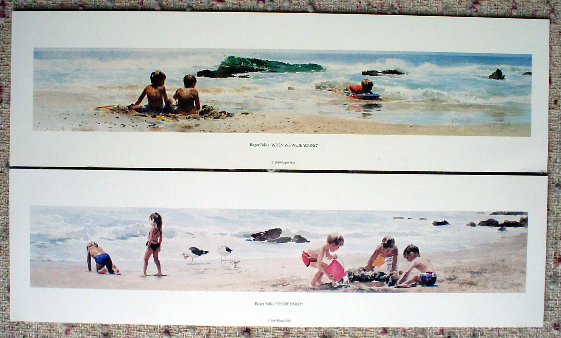 When We Were Young and Shore Party by Roger Folk, both signed by artist, shown with full margins - two offset lithograph fine art prints