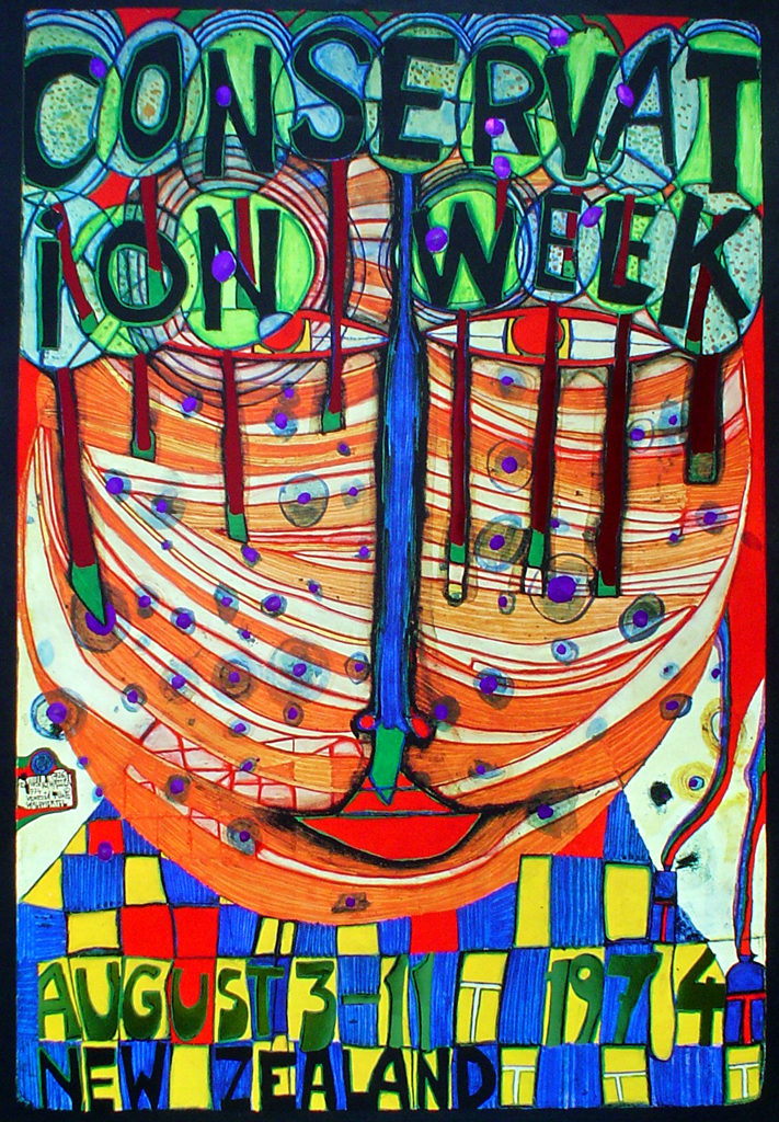 Conservation Week New Zealand 1974 by Friedrich Hundertwasser - original vintage poster - offset lithograph with metal foil insets fine art poster print