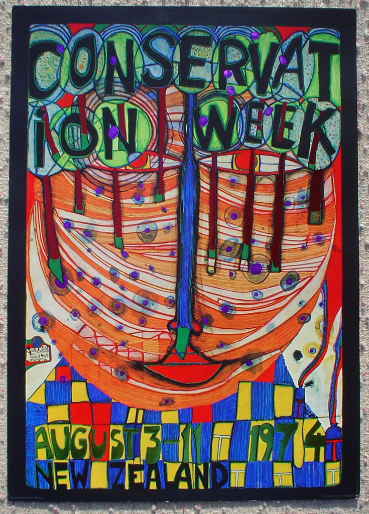 Conservation Week New Zealand 1974 by Friedrich Hundertwasser, shown with full margins - original vintage poster - offset lithograph with metal foil insets fine art poster print