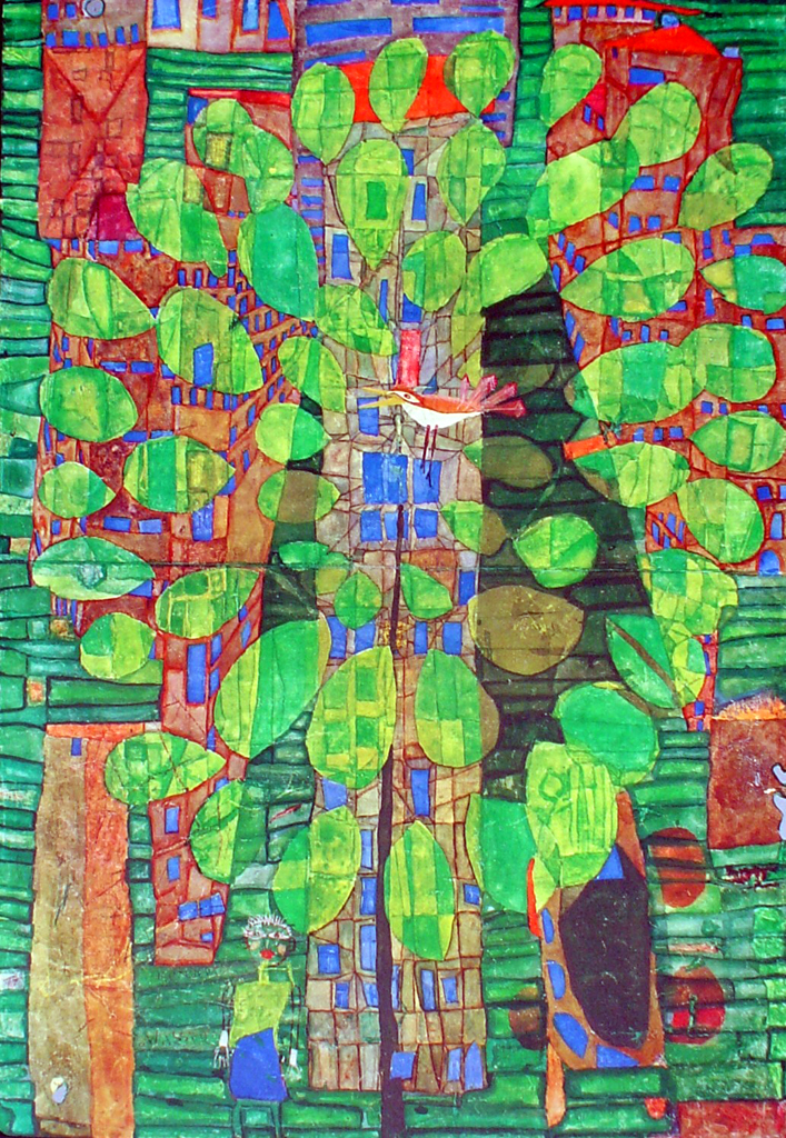 Singing Bird On A Tree In The City by Friedrich Hundertwasser - collectible collotype fine art print, 8th edition: 5001-5600
