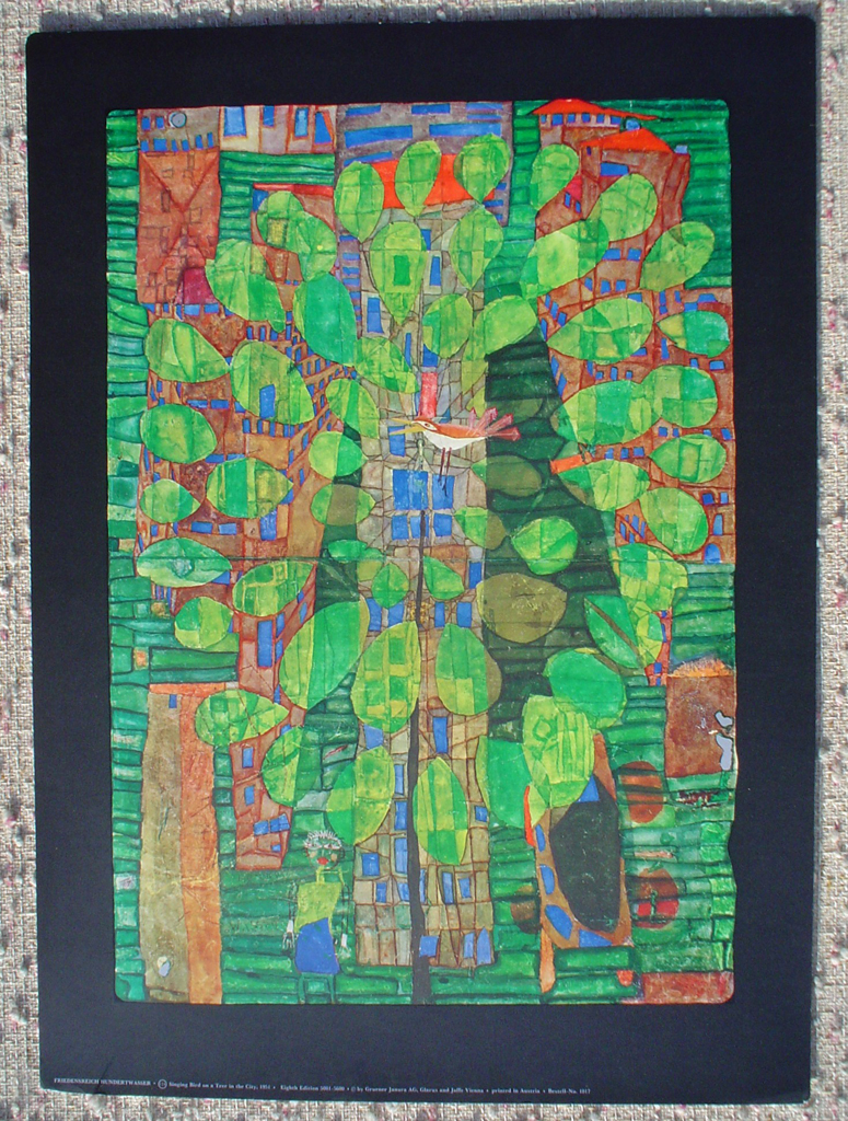 Singing Bird On A Tree In The City by Friedrich Hundertwasser, shown with full margins - collectible collotype fine art print, 8th edition: 5001-5600