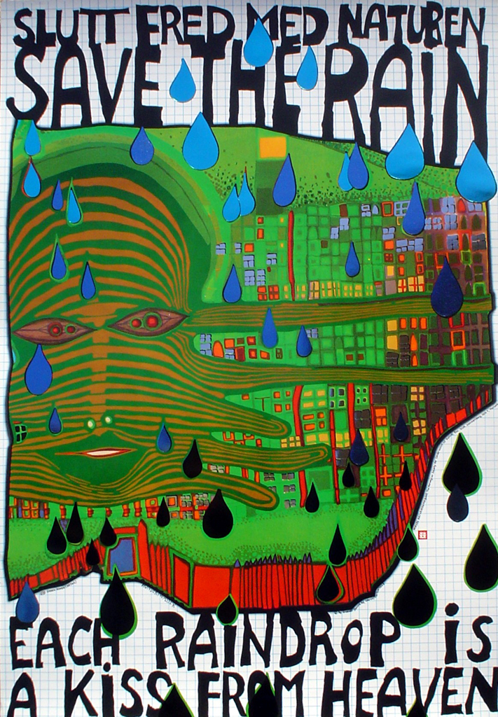 Save The Rain by Friedrich Hundertwasser - original vintage poster - offset lithograph with metal foil insets fine art poster print