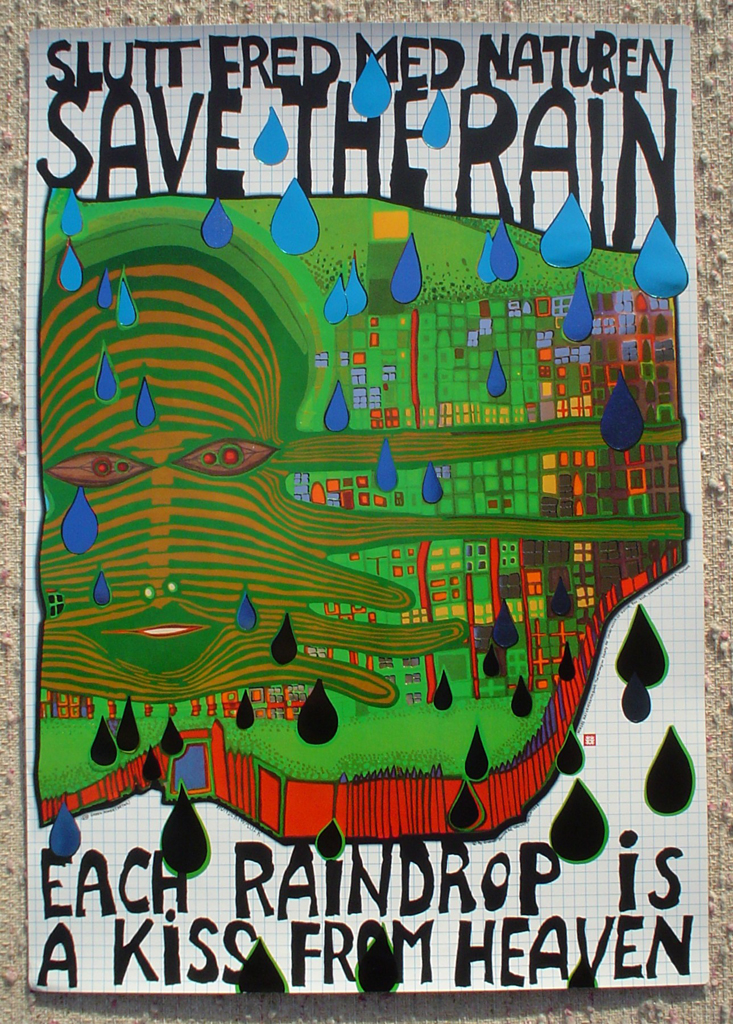 Save The Rain by Friedrich Hundertwasser, shown with full margins - original vintage poster - offset lithograph with metal foil insets fine art poster print