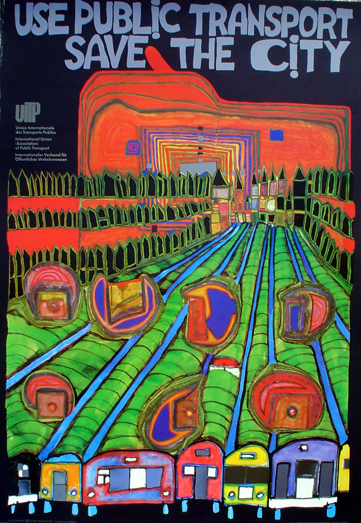 Save The City Use Public Transport by Friedrich Hundertwasser - original vintage poster - offset lithograph with metal foil insets fine art poster print