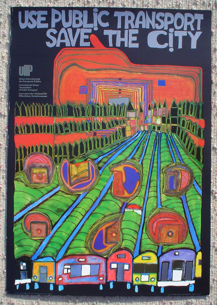 Save The City Use Public Transport by Friedrich Hundertwasser, shown with full margins - original vintage poster - offset lithograph with metal foil insets fine art poster print