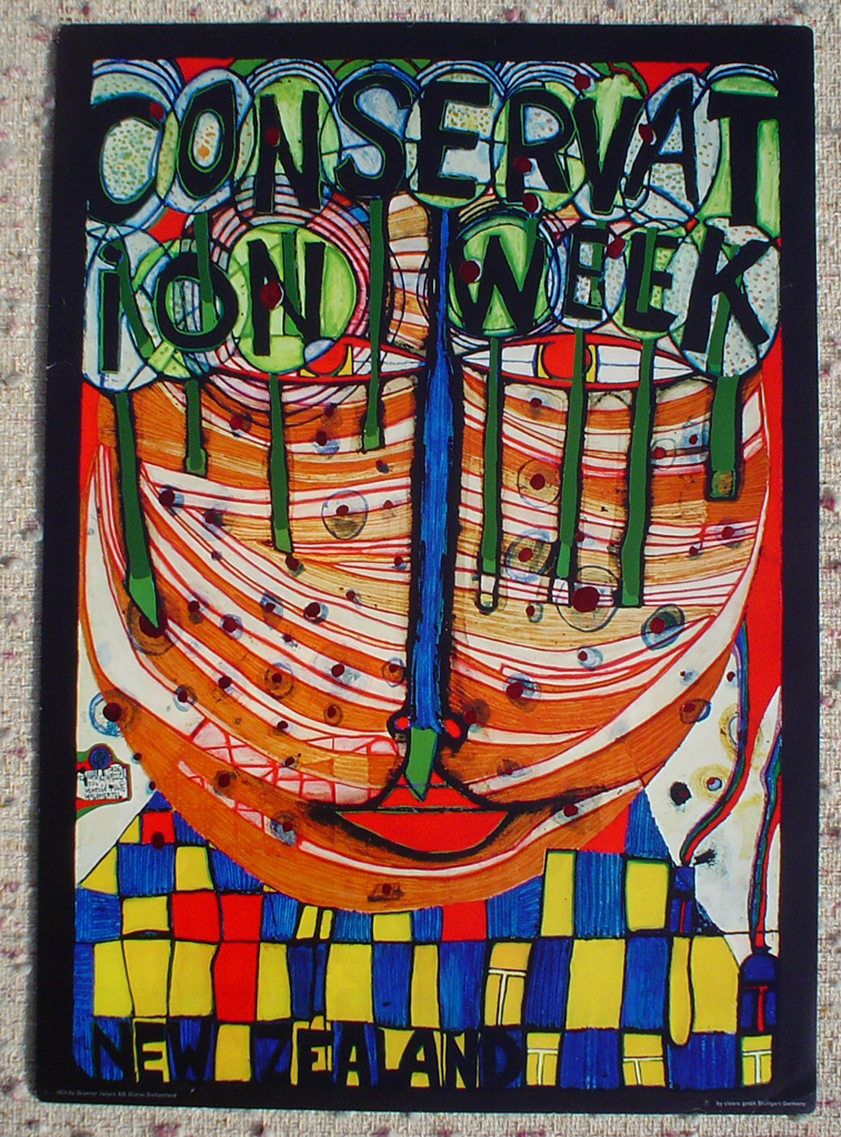 Conservation Week New Zealand by Friedrich Hundertwasser, shown with full margins - offset lithograph with metal foil insets fine art poster print