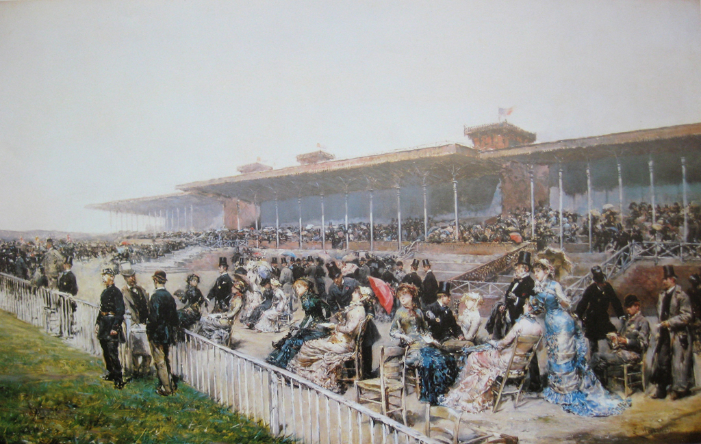 The Races At Longchamp, Paris 1880 by Ludovico Marchetti - offset lithograph fine art print