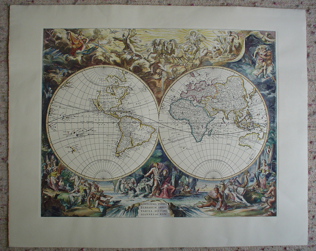 Old World Map by unknown artist/engraver, shown with full margins - restrike etching, hand-coloured
