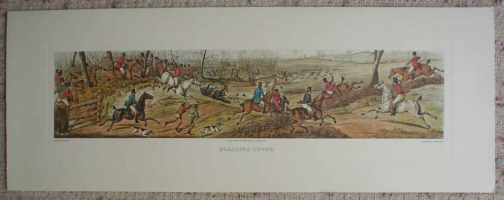 Breaking Cover by Henry Alken, shown with full margins - restrike etching, hand-coloured original print