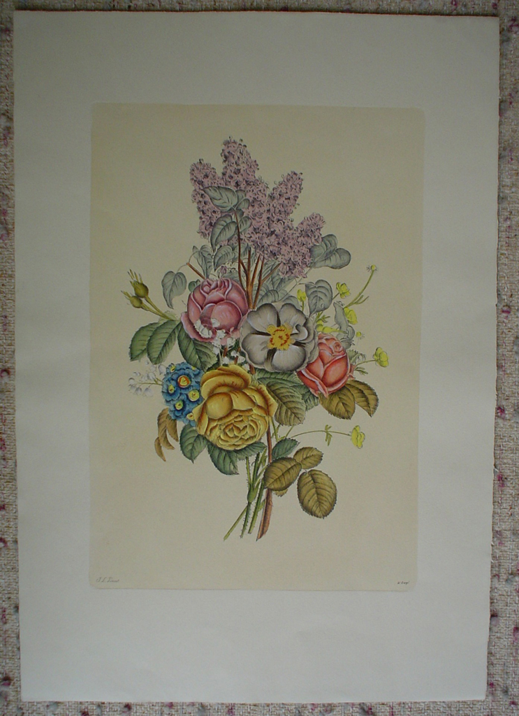 Mixed Flowers Roses Lilacs by Jean-Louis Prevost, shown with full margins - restrike etching, hand-coloured original print